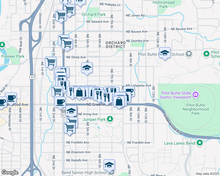 map of restaurants, bars, coffee shops, grocery stores, and more near 654 Northeast Kearney Avenue in Bend