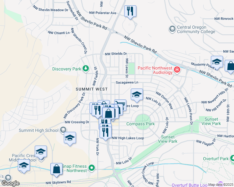 map of restaurants, bars, coffee shops, grocery stores, and more near 1231 Northwest John Fremont Street in Bend