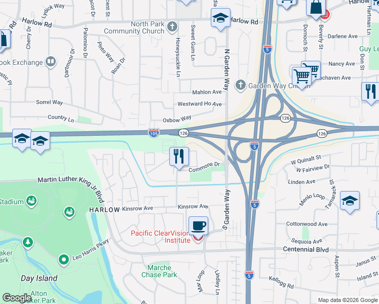 map of restaurants, bars, coffee shops, grocery stores, and more near 121 Commons Drive in Eugene