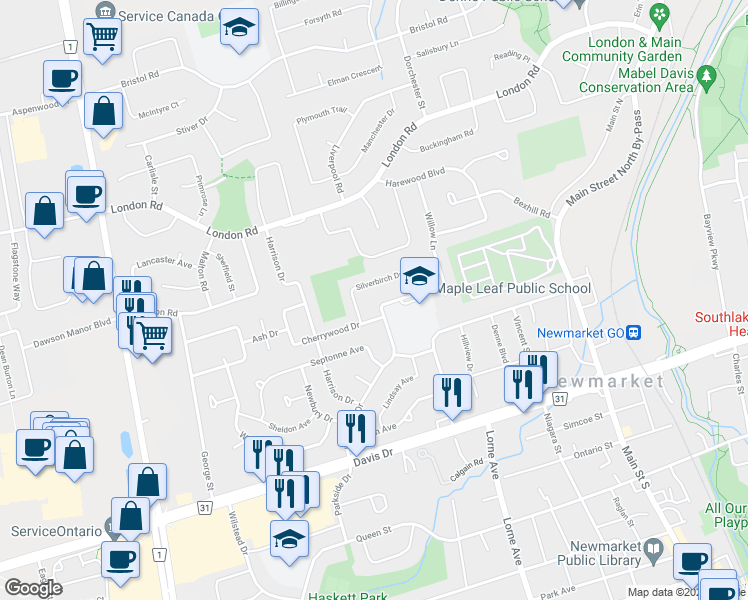 map of restaurants, bars, coffee shops, grocery stores, and more near 214 B Cherrywood Drive in Newmarket