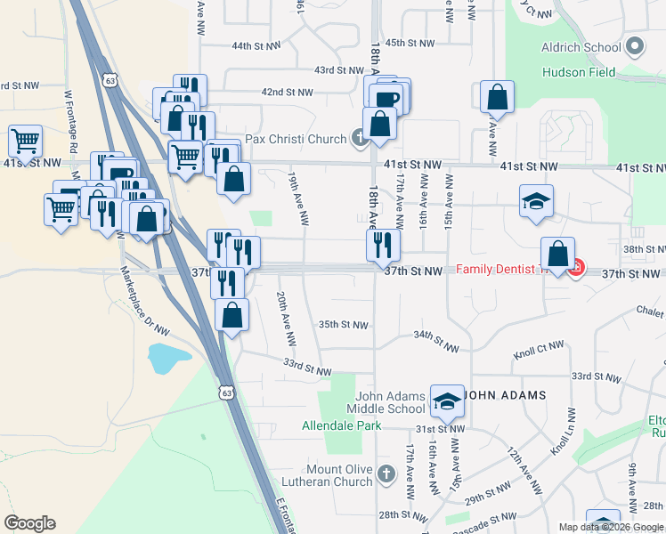 map of restaurants, bars, coffee shops, grocery stores, and more near 1858 37th Street Northwest in Rochester
