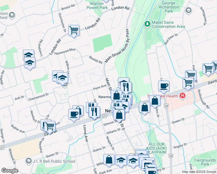 map of restaurants, bars, coffee shops, grocery stores, and more near in Newmarket