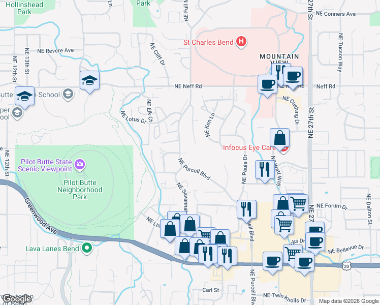 map of restaurants, bars, coffee shops, grocery stores, and more near 1060 Northeast Purcell Boulevard in Bend