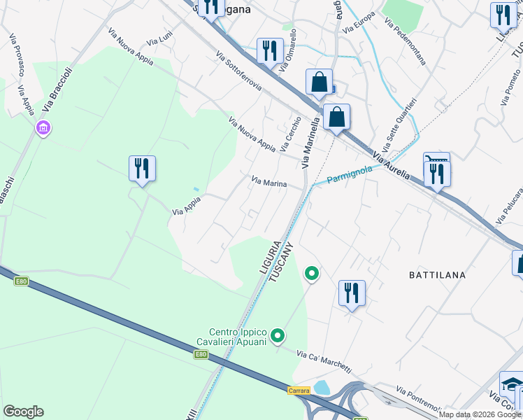 map of restaurants, bars, coffee shops, grocery stores, and more near 17 Via Marina in Casano