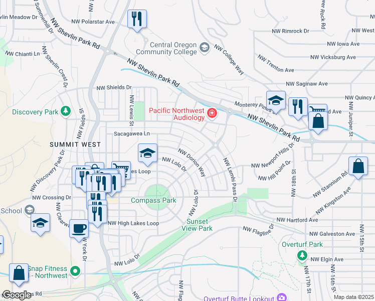map of restaurants, bars, coffee shops, grocery stores, and more near 2414 Northwest Dorion Way in Bend