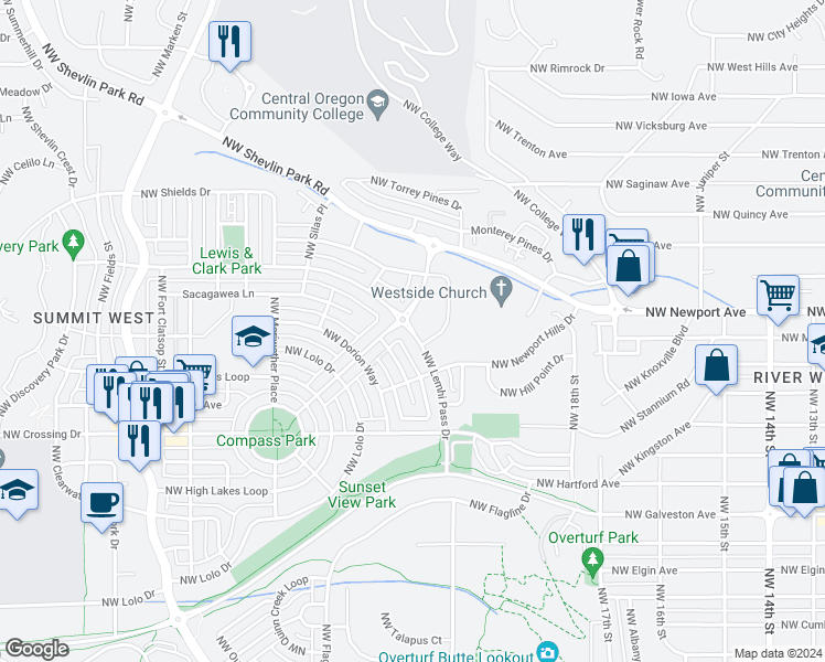 map of restaurants, bars, coffee shops, grocery stores, and more near 2179 Northwest Lemhi Pass Drive in Bend