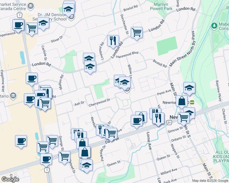 map of restaurants, bars, coffee shops, grocery stores, and more near 126 Longford Drive in Newmarket