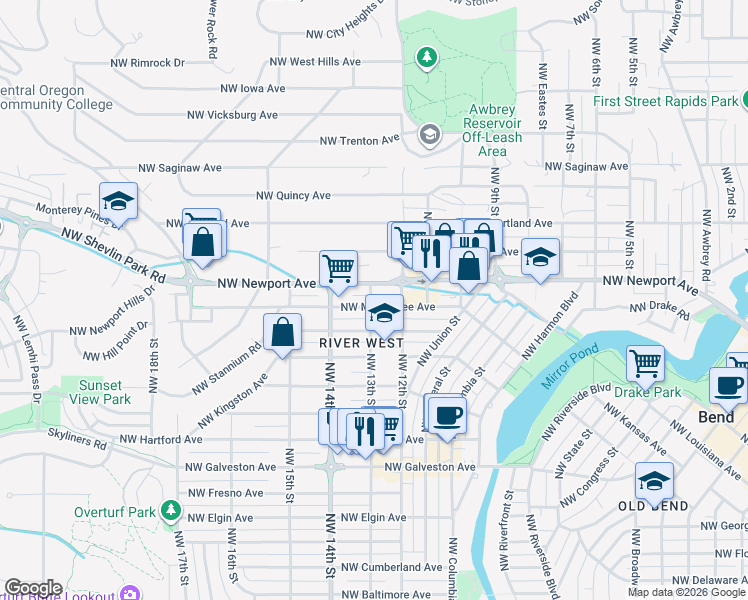 map of restaurants, bars, coffee shops, grocery stores, and more near 1326 Northwest Newport Avenue in Bend