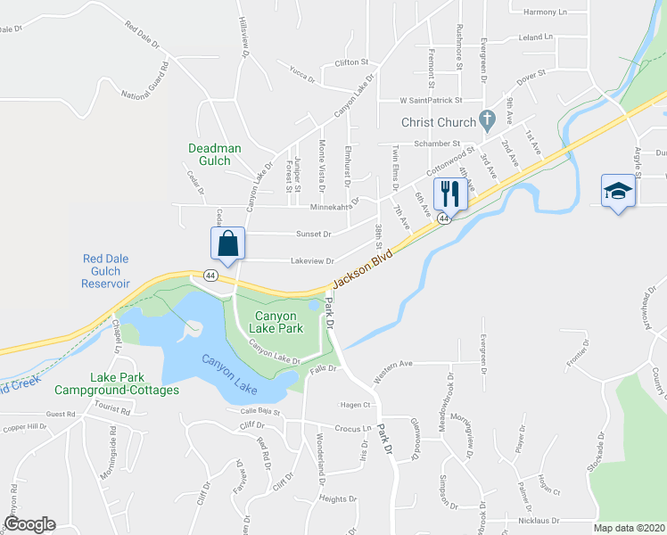 map of restaurants, bars, coffee shops, grocery stores, and more near 3929 Lakeview Drive in Rapid City