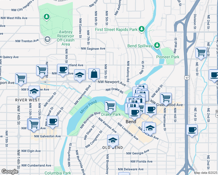 map of restaurants, bars, coffee shops, grocery stores, and more near 352 Northwest Drake Road in Bend