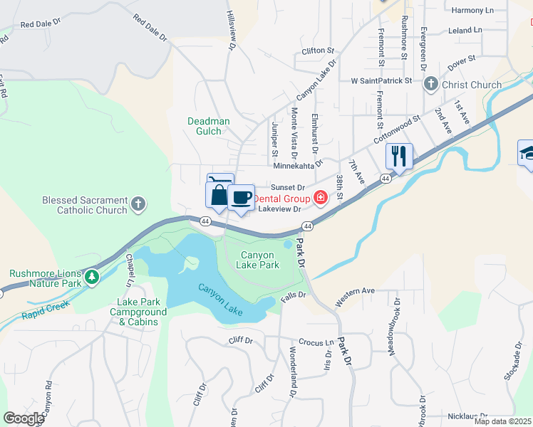 map of restaurants, bars, coffee shops, grocery stores, and more near 4033 Lilac Lane in Rapid City