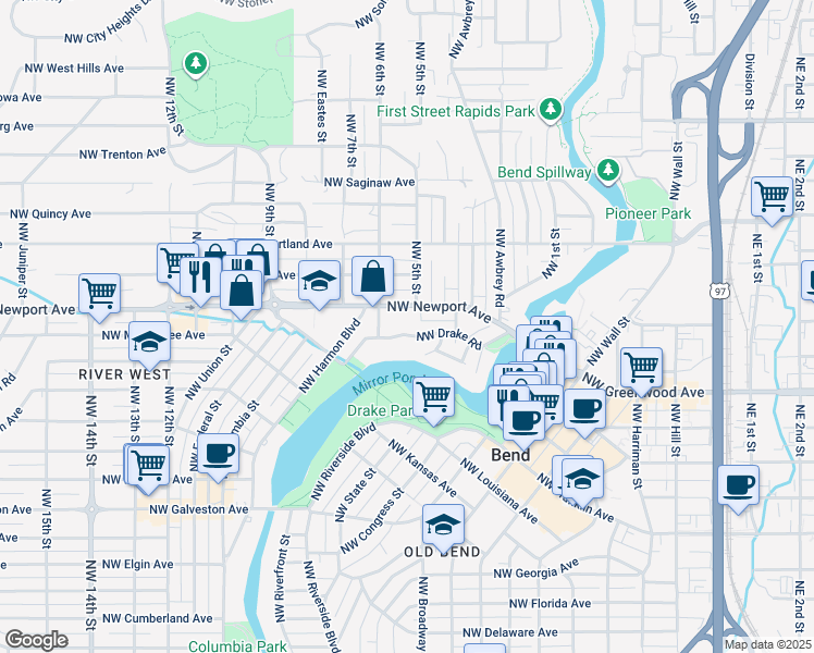 map of restaurants, bars, coffee shops, grocery stores, and more near 554 Northwest Newport Avenue in Bend
