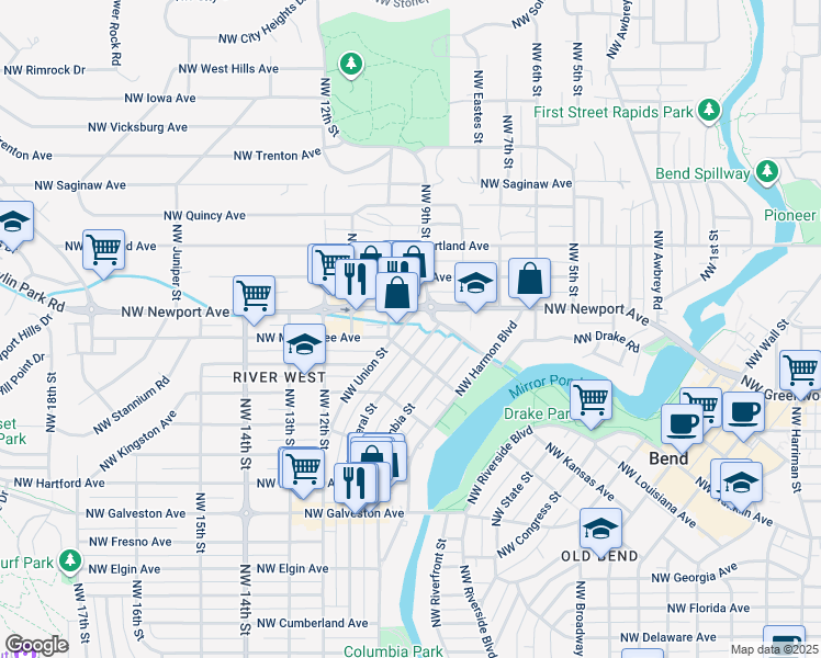 map of restaurants, bars, coffee shops, grocery stores, and more near 990 Northwest Newport Avenue in Bend