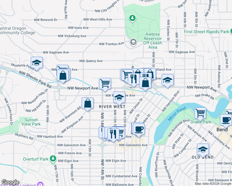 map of restaurants, bars, coffee shops, grocery stores, and more near 1326 Northwest Newport Avenue in Bend