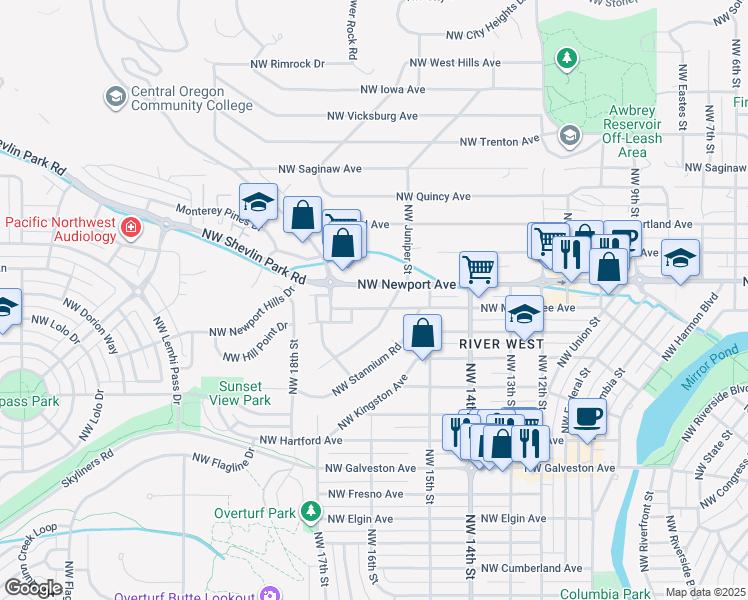 map of restaurants, bars, coffee shops, grocery stores, and more near 1580 Northwest Newport Avenue in Bend