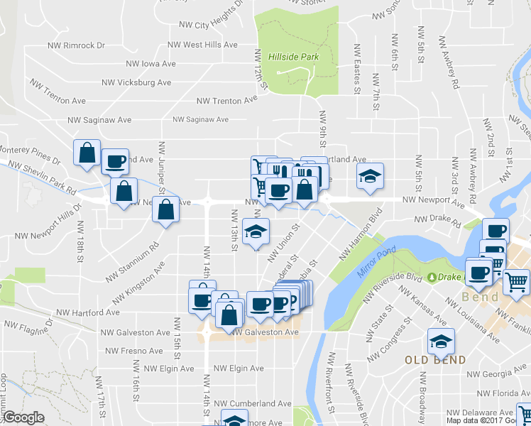 map of restaurants, bars, coffee shops, grocery stores, and more near 1121 Northwest Newport Avenue in Bend