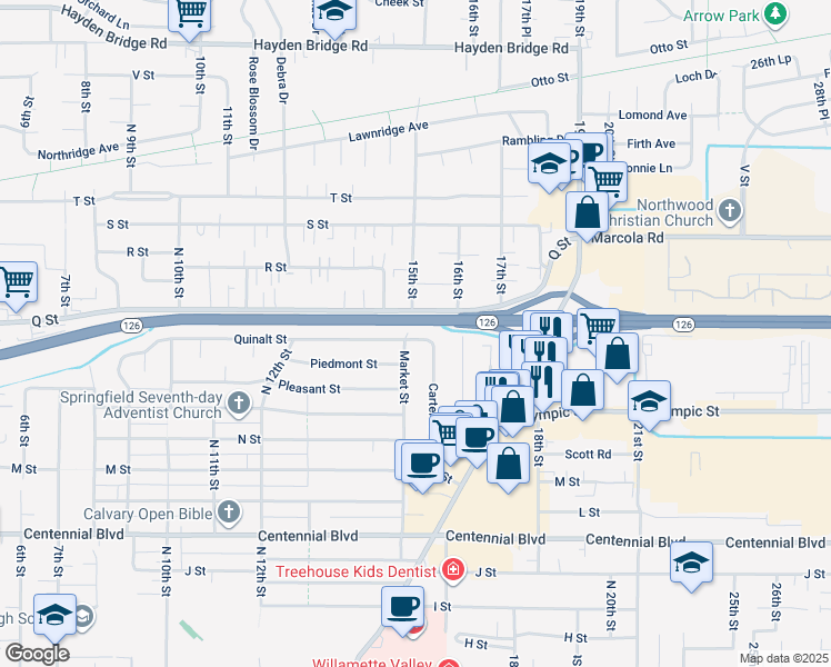 map of restaurants, bars, coffee shops, grocery stores, and more near 1967 Carter Lane in Springfield