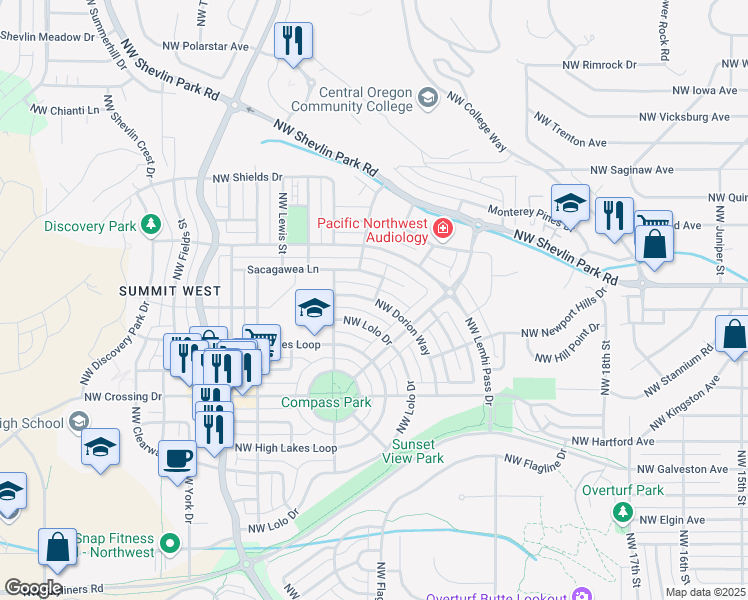 map of restaurants, bars, coffee shops, grocery stores, and more near 2414 Northwest Dorion Way in Bend