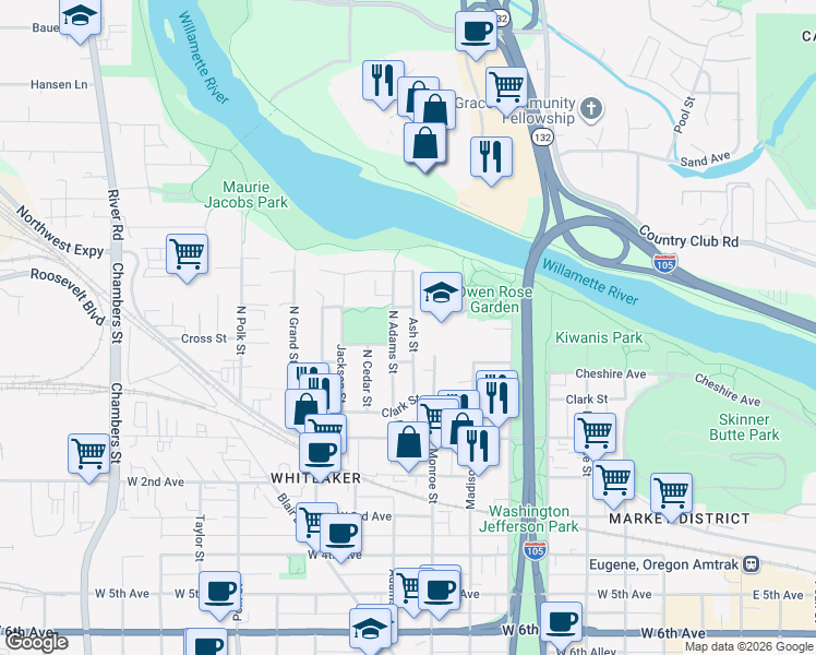 map of restaurants, bars, coffee shops, grocery stores, and more near 170 Ash Street in Eugene