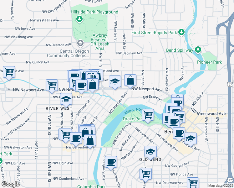 map of restaurants, bars, coffee shops, grocery stores, and more near 701 Northwest Newport Avenue in Bend