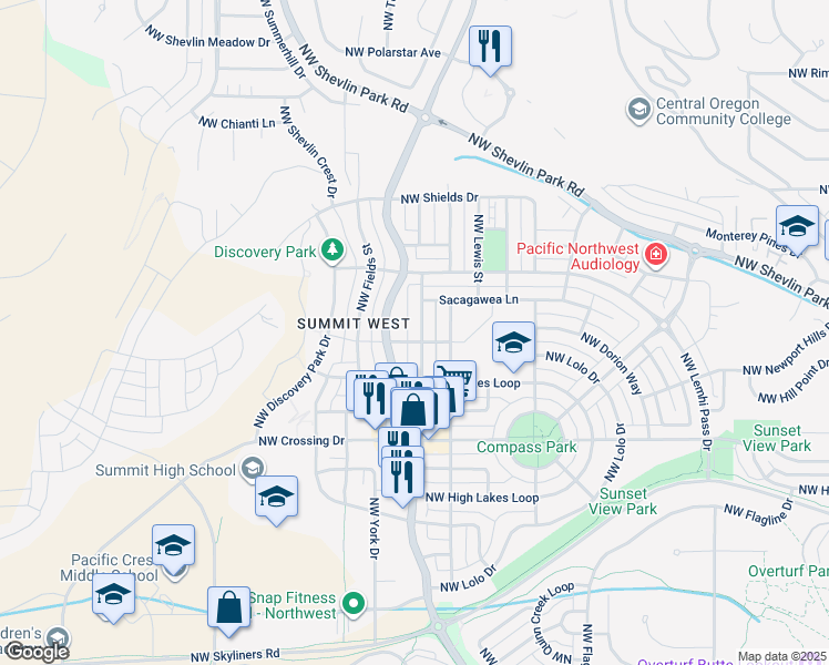map of restaurants, bars, coffee shops, grocery stores, and more near 1313 Northwest Fort Clatsop Street in Bend