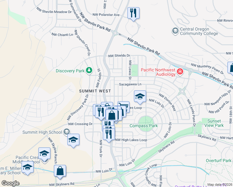 map of restaurants, bars, coffee shops, grocery stores, and more near 1363 Northwest John Fremont Street in Bend