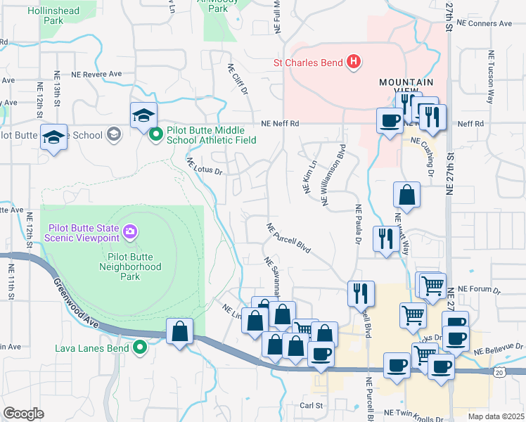 map of restaurants, bars, coffee shops, grocery stores, and more near 1263 Northeast Purcell Boulevard in Bend