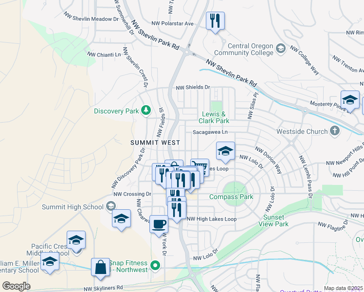 map of restaurants, bars, coffee shops, grocery stores, and more near 1361 Northwest Fort Clatsop Street in Bend