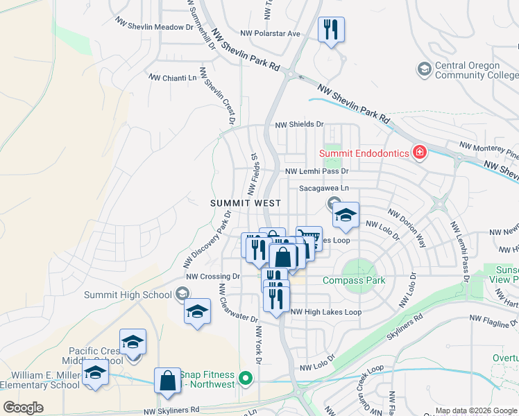 map of restaurants, bars, coffee shops, grocery stores, and more near 1726 Northwest Fields Street in Bend