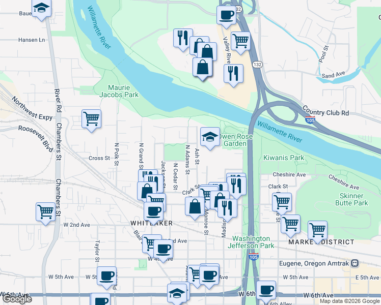 map of restaurants, bars, coffee shops, grocery stores, and more near 240 North Adams Street in Eugene