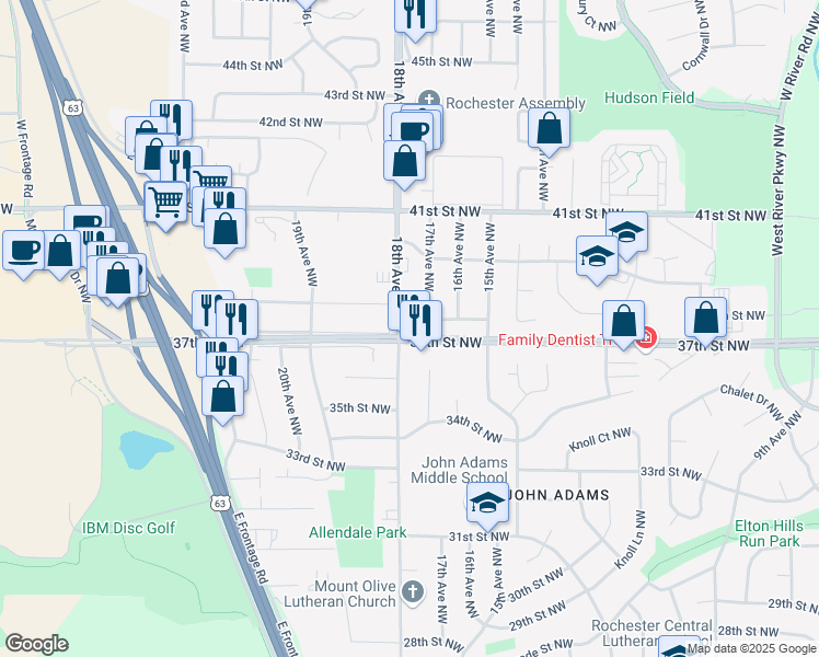 map of restaurants, bars, coffee shops, grocery stores, and more near 3712 18th Avenue Northwest in Rochester