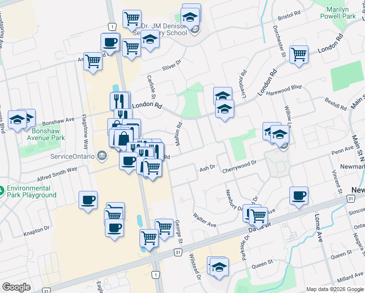 map of restaurants, bars, coffee shops, grocery stores, and more near in Newmarket