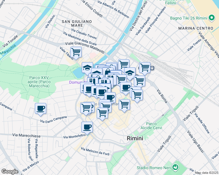 map of restaurants, bars, coffee shops, grocery stores, and more near 16-26 Corso Papa Giovanni XXIII in Rimini
