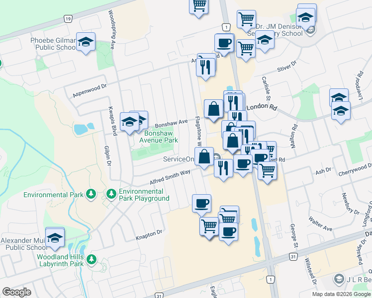 map of restaurants, bars, coffee shops, grocery stores, and more near 254 Marble Place in Newmarket