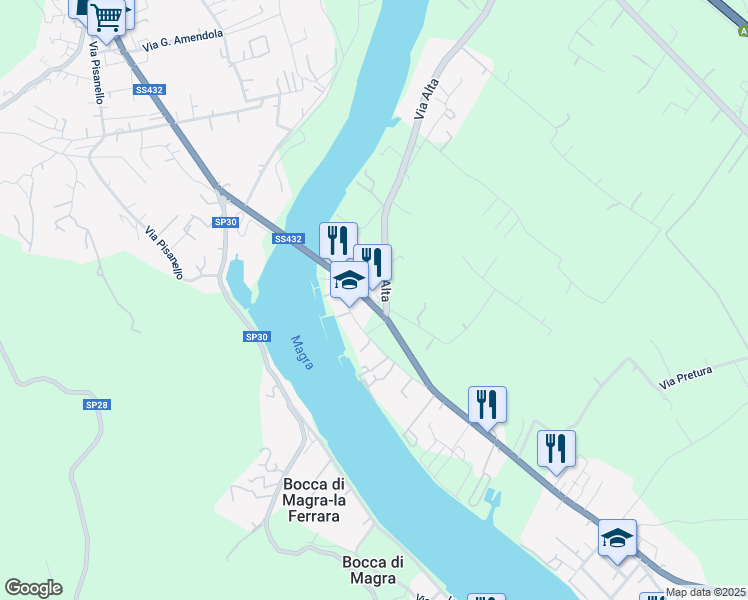 map of restaurants, bars, coffee shops, grocery stores, and more near 11 Via Litoranea in La Spezia