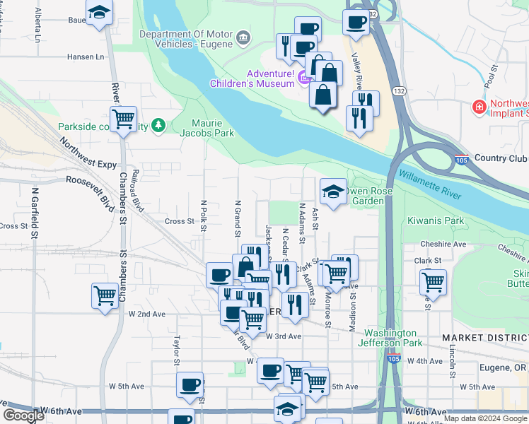map of restaurants, bars, coffee shops, grocery stores, and more near 170 North Jackson Street in Eugene