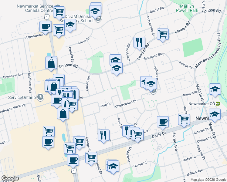 map of restaurants, bars, coffee shops, grocery stores, and more near 166 Harrison Drive in Newmarket