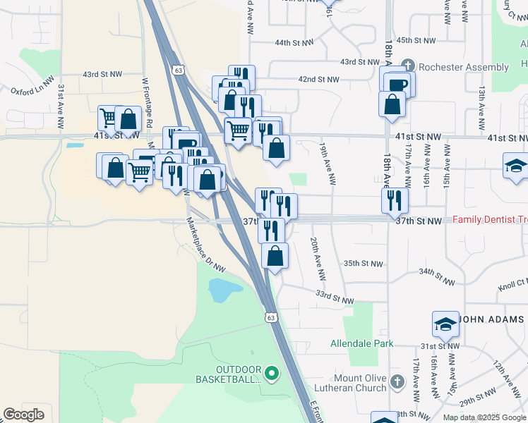 map of restaurants, bars, coffee shops, grocery stores, and more near East Frontage Road in Rochester