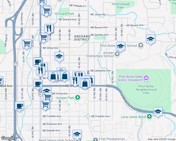 map of restaurants, bars, coffee shops, grocery stores, and more near 737 Northeast Marshall Avenue in Bend