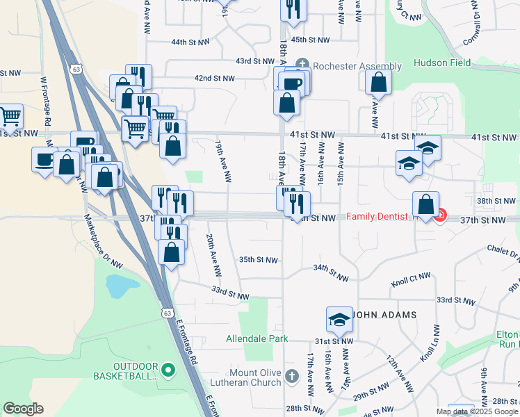 map of restaurants, bars, coffee shops, grocery stores, and more near 1833 37th Street Northwest in Rochester