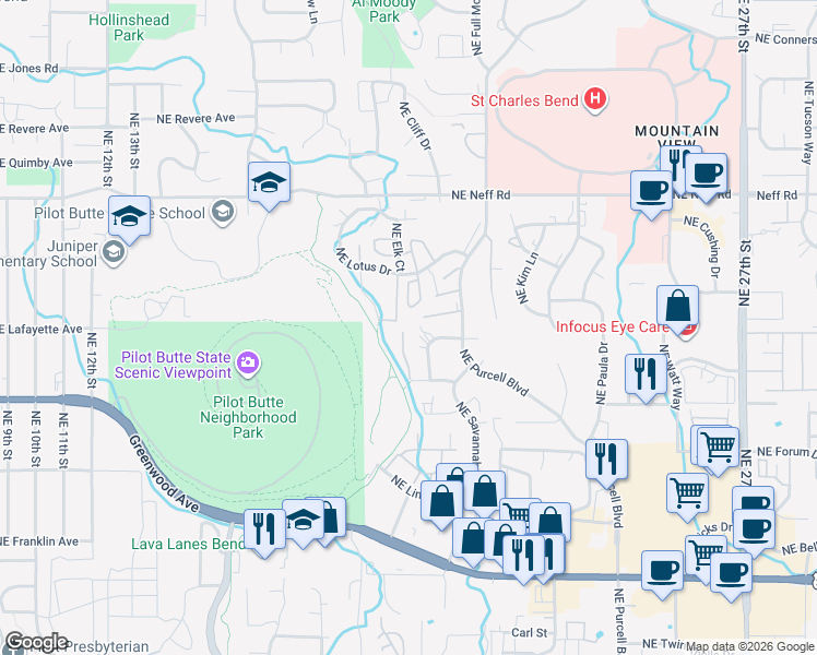 map of restaurants, bars, coffee shops, grocery stores, and more near 1855 Northeast Lotus Drive in Bend