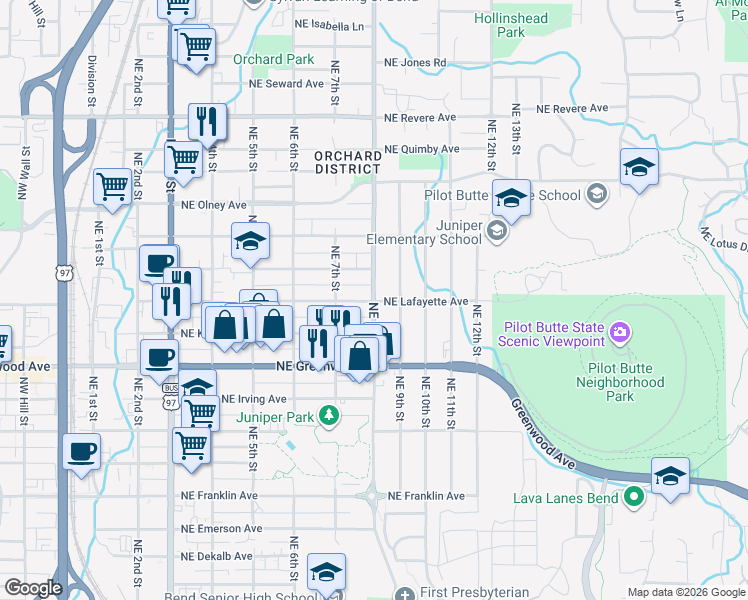 map of restaurants, bars, coffee shops, grocery stores, and more near 737 Northeast Marshall Avenue in Bend
