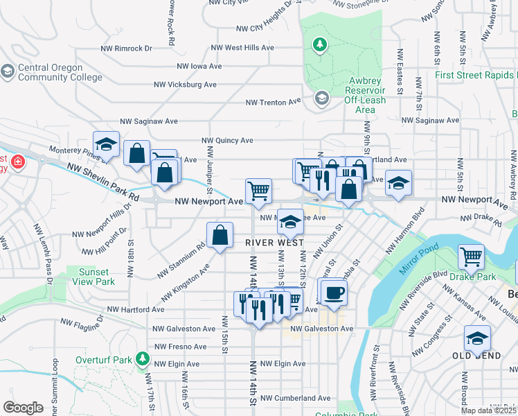 map of restaurants, bars, coffee shops, grocery stores, and more near 1404 Northwest Newport Avenue in Bend