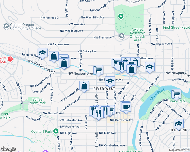 map of restaurants, bars, coffee shops, grocery stores, and more near 1404 Northwest Newport Avenue in Bend