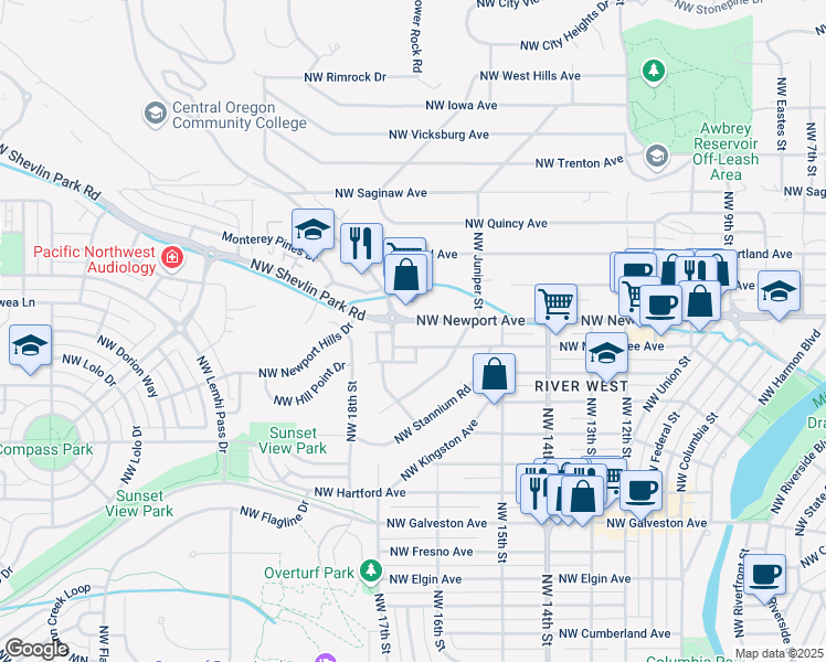 map of restaurants, bars, coffee shops, grocery stores, and more near 1580 Northwest Newport Avenue in Bend
