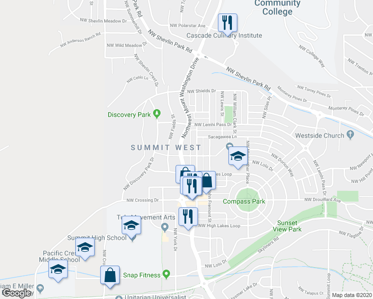 map of restaurants, bars, coffee shops, grocery stores, and more near 1361 Northwest Fort Clatsop Street in Bend