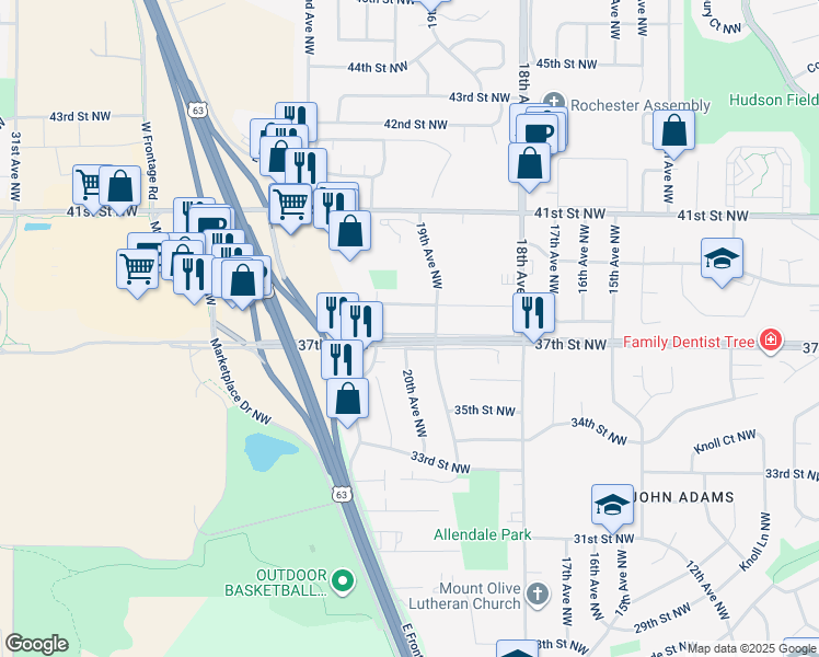 map of restaurants, bars, coffee shops, grocery stores, and more near 1923 37th Street Northwest in Rochester