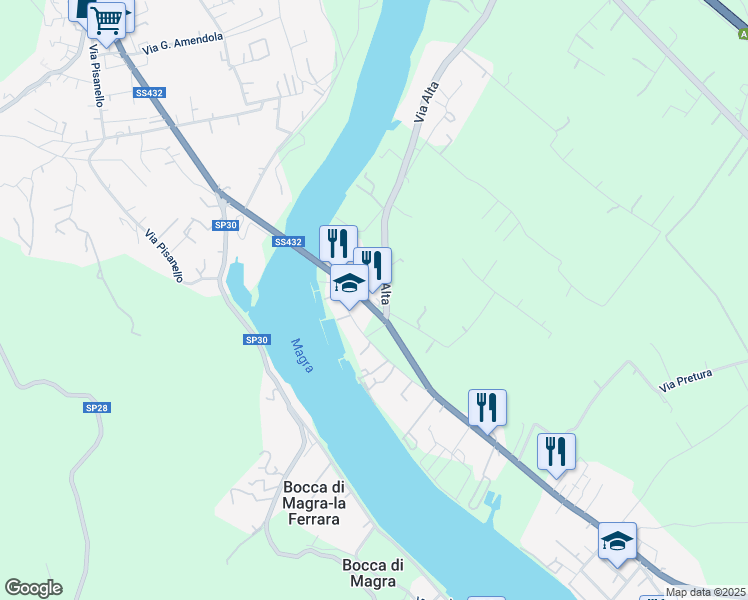 map of restaurants, bars, coffee shops, grocery stores, and more near 11 Via Litoranea in Fiumaretta di Ameglia