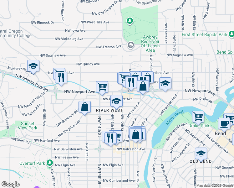 map of restaurants, bars, coffee shops, grocery stores, and more near 1229 Northwest Newport Avenue in Bend