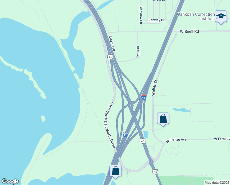 map of restaurants, bars, coffee shops, grocery stores, and more near 3351 Lake Butte Des Morts Drive in Oshkosh
